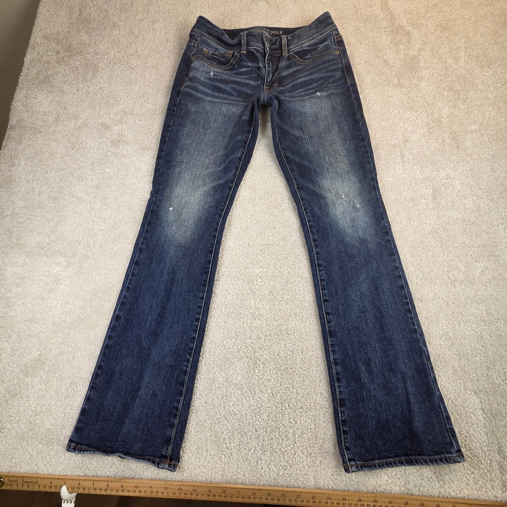 American Eagle Kick Boot Stretch Jeans Dark Wash Low Rise Size 6 Distressed